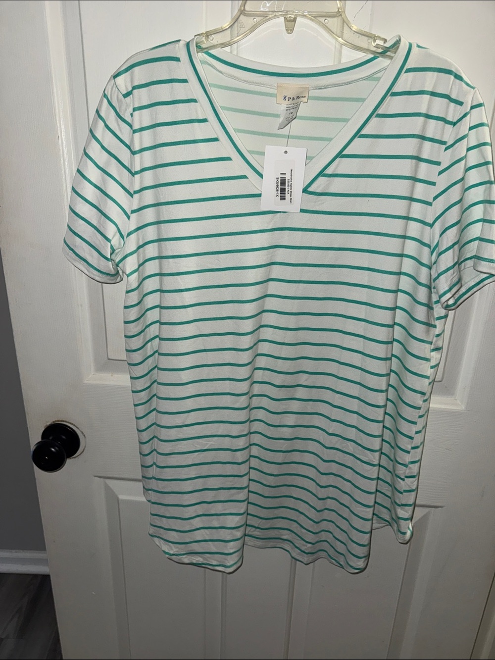 Striped V-Neck Short Sleeve Tee in White and Mint Green